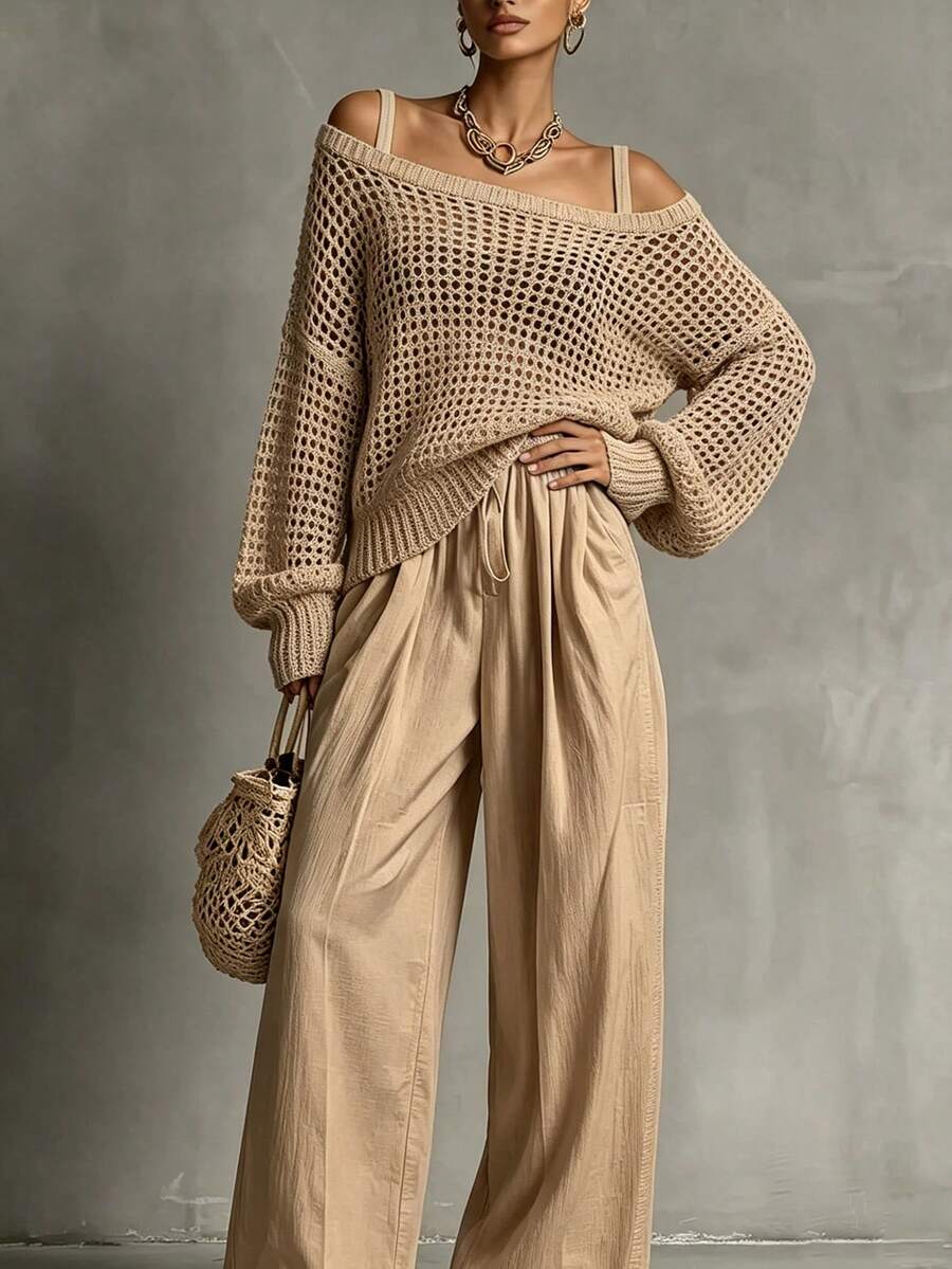 Hotletica Women's Solid Color Drop Shoulder Long Sleeve Hollow Out Loose Sweater - Khaki - View 1