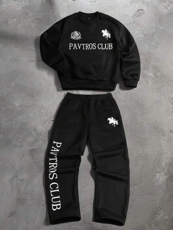 PAVTROS Men's Pullover Sweatshirt Set, Letter Badge Equestrian Print Design, Black Sweatshirt Set, Loose Fit, Autumn/Winter Fashion Streetwear Sweatshirt Set, Suitable For Daily Casual, Weekend Outings, Outdoor Activities, Travel Adventures, Street Photography, Relaxed Work Environments Or Semi-Formal Occasions