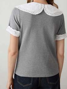 DAZY Women's French Embroidery Hollow Button Half-Placket T-Shirt School White Summer Cute Preppy Casual - Grey - View 2