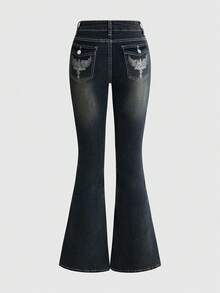 ROMWE Grunge Punk Women's Summer Outfits Punk Hot Girl Style Versatile Retro Pattern Embroidered Slim Fit Flare Jeans Light Blue - Dark Wash - View 1