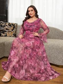 Reflora Vestido de vacaciones elegante con estampado floral, mangas con volantes y plisado, talla grande - Rosa Fucsia - Ver 10