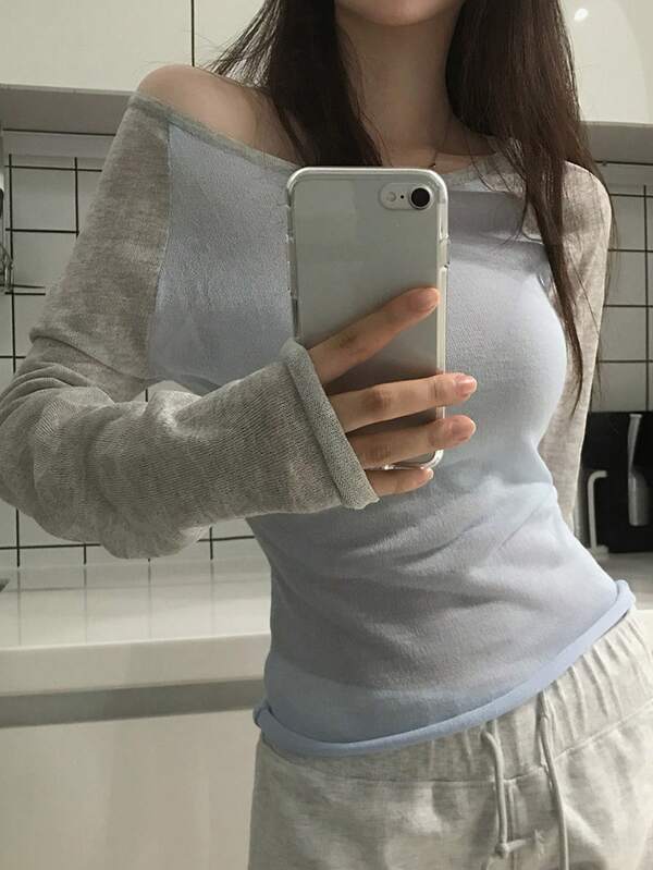 DAZY Women's Asymmetric Shoulder Colorblock Long Sleeve Korean Style Fresh Girly Sweater