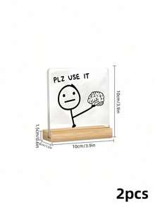 Haus Hana 1PC/2pcs/3pcs Square Acrylic Desktop Ornament With Wooden Base, Featuring A Stick Figure Design And The Phrase "Plz Use It". Makes A Great Gift For Friends. - multicolor - View 12