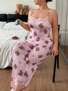 Napfluff CURVE Napfluff CURVE Light Pink Bear Print Camisole Pants Pajama Set, Lace Trim Spaghetti Strap Long Pants Sweet Girl Home Wear 2 Pieces Set Night Summer - Pink - View 6