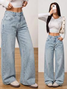 SHEIN PETITE 夏季女款休閒涼爽度假水洗復古寬腿水藍色水洗牛仔褲，適合度假旅行、秋季穿搭與早午餐，淺藍色 - 淺色水洗藍 - 查看 10