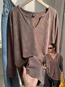 Comfortcana Plus Size Thin Brown Vintage Distressed Cotton Sweatshirt Fall - Brown - View 1