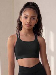 SHEIN Tween Girl Criss Cross Back Sports Bra, Autumn Winter, Fall, Back To School, Yoga, Gym, Running, Training, Stretchy, Breathable, Elastic, Active - Black - View 3