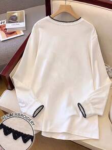 Franclia Elegant White Mid-Sleeve Women's Loose Shell Embroidery Sweatshirt Pullover Casual Autumn Style - White - View 2