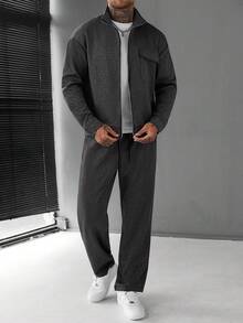 Manfinity Homme 男士休閒口袋拉鍊長袖夾克與抽繩腰工裝褲套裝，男士運動套裝，男士休閒套裝，男士服裝套裝 - 灰色 - 查看 7