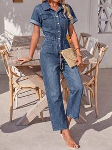 EMERY ROSE Jumpsuit Denim Kasual Wanita dengan Saku untuk Pemakaian Sehari-hari - Biru - View 7