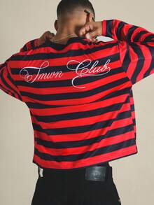 SUMWON Sumn Club 刺繡手寫字長袖寬鬆短版條紋 T-shirt 休閒街頭風上衣 - 紅色 - 查看 1