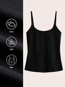 SHEIN BASICS 女款純色極簡基本款保守休閒百搭細肩帶背心，適合度假、海灘、健身房、居家休閒、日常與假日居家穿著，黑色夏季款 - 黑色 - 查看 11