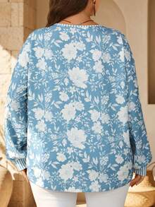 EMERY ROSE Plus Size Women's Floral Print Round Neck 3/4 Sleeve Button Front Ribbed Cuff Loose Fit Pullover Hoodies Casual Elegant Autumn Blue And White Birthday - Multicolor - View 4