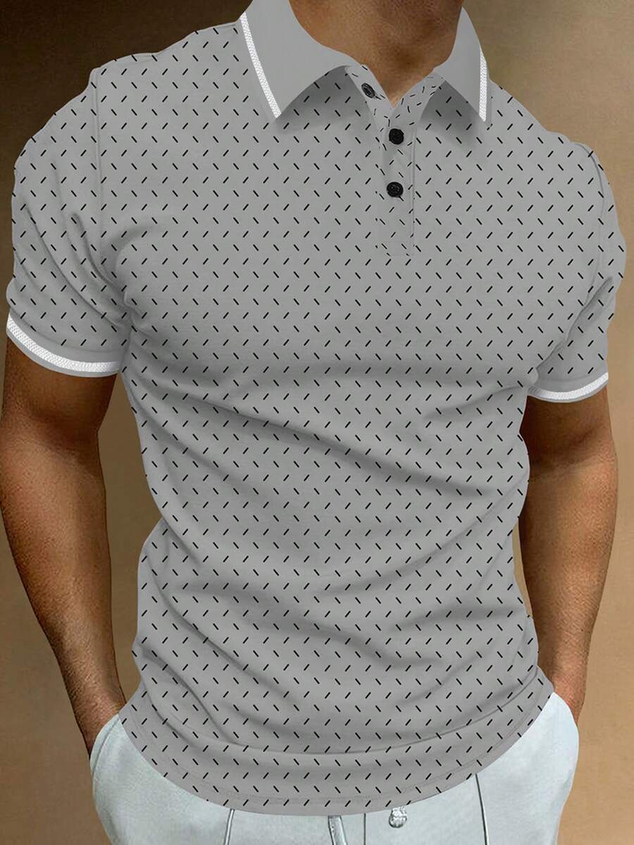 Manfinity Homme 男士休閒印花對比色半開襟鈕扣短袖 Polo 衫 - 灰色 - 查看 1
