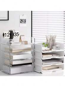 2pcs Stackable A4 Size Transparent PET Desktop File Tray, Space-Saving Document & Letter Organizer Tray For Office, Home, School Supplies - Multicolor - View 6