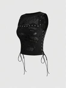 ROMWE Dark Gothic Halloween Spider Web Flocked Distressed Metal Eyelet Lace-Up Design Fitted Women's Tank Top - Black - View 3