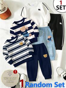 SHEIN 1 Random Set,Casual Logo Red White Black Colorblock Letter Graphic Print Crew Neck Long Sleeve Sweatshirt With Logo Print Long Sweatpants, Suitable - Multicolor - View 1