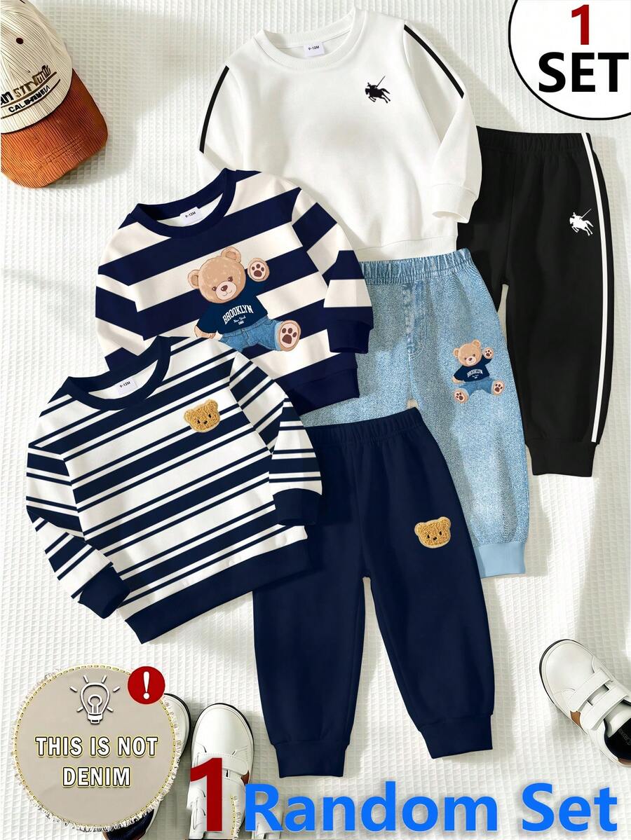 SHEIN 1 Random Set,Casual Logo Red White Black Colorblock Letter Graphic Print Crew Neck Long Sleeve Sweatshirt With Logo Print Long Sweatpants, Suitable - Multicolor - View 1