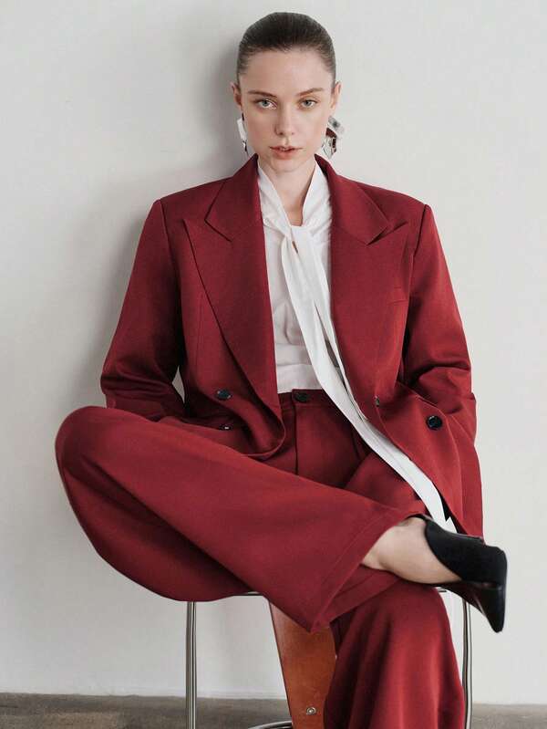 Aveloria Modichic Women's Suit Set Structured High Waist Wide Leg Peak Lapel Double Breasted Tie Neck Elegant Business Burgundy Women's Set Women's Wide Leg Pants