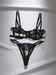 EmpressEnvy 2pcs/Set Romantic Embroidery Women's Lingerie Sexy Bra And Thong Panty Set - Black - View 2