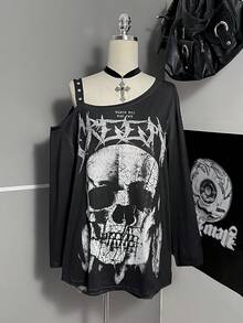 Attitoon 休閒極簡街頭風灰色骷髏與字母圖案印花不對稱肩部金屬孔飾長袖女款T恤，適合初秋 - 彩色 - 查看 7