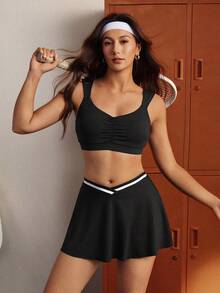 CourtClass CourtClass 2026春夏新款女款運動戶外瑜伽極簡運動套裝，拼色拼接飾邊 - 黑色 - 查看 6