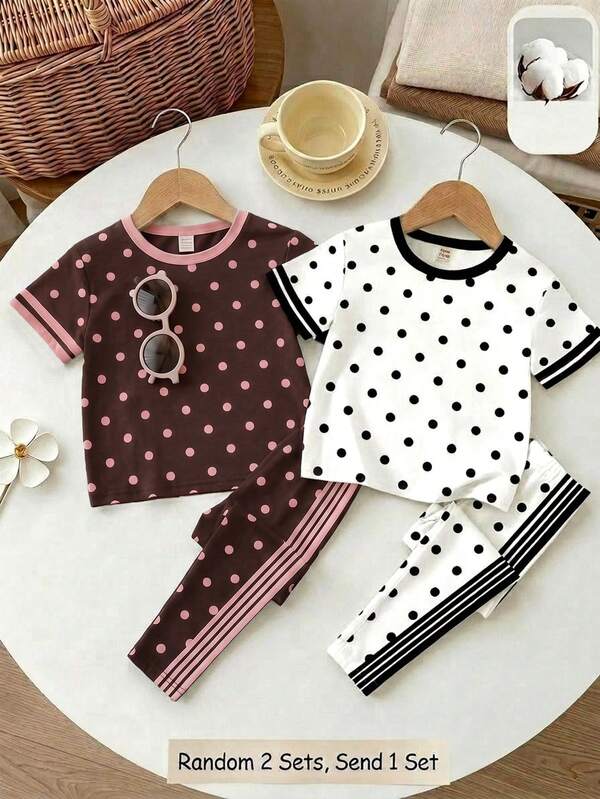 Cute Retro Fashion Polka Dot Baby Girl Casual Comfortable Crew Neck Short Sleeve T-Shirt And Long Pants 2-Piece Set, Suitable For Spring/Summer Daily Wear, Vacation, Outings, School, Sports, Homecoming, Back To School