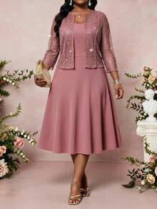 SHEIN Lady Plus Size Elegant Party Sequin Top & Dress 2 Pieces Set - Dusty Pink - View 4