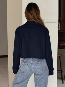 SHEIN EZwear 女款杏色純色雙排扣短版夾克 秋冬款 - 深灰色 - 查看 2