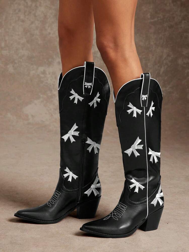 SHUZIA Glamorous Point Toe Chunky Heel Embroidery Mid-Calf Western Cowgirl Boots - Black - View 6