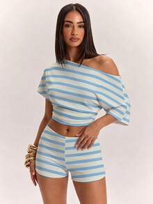 SHEIN BAE Women's 2-Piece Set Asymmetrical Shoulder Top And Shorts, Casual Minimalist Daily Versatile All-Match, Date Night, Outing, Commute, Beach, Vacation, Summer Outfit - Multicolor - View 4