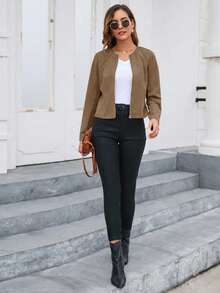 Editum Chaqueta de unicolor con cremallera delantera para otoño/invierno - Marrón - Ver 4