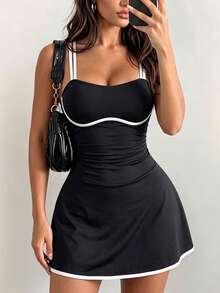 Dewbera Dewbera Sport Double Strap Contrast Edge Athletic Sporty Sexy Mini Dress Tennis Gym Black Summer - Black and White - View 5