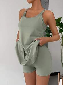 SHEIN EZwear 夏季女款純色日常穿著細肩帶連身裙，內建內搭褲防走光，鼠尾草綠大尺碼，適合健身與網球運動 - 橄欖綠 - 查看 3