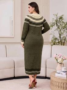 Modelyn Plus Size Casual Knit Dress For Autumn/Winter - Army Green - View 2