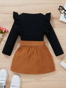 SHEIN Baby Girl Ruffle Trim Tee & Corduroy Belted Skirt - Multicolor - View 2