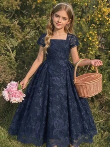 SHEIN Girls' Navy Blue Chiffon Cut-Out 3D Floral Pattern Dress, Elegant Elegant Long Dress With Side Design, Fashionable Spring/Summer Dress For Vacation, Graduation, Back To School, Wedding Season, Formal Parties And Events - Navy Blue - View 1