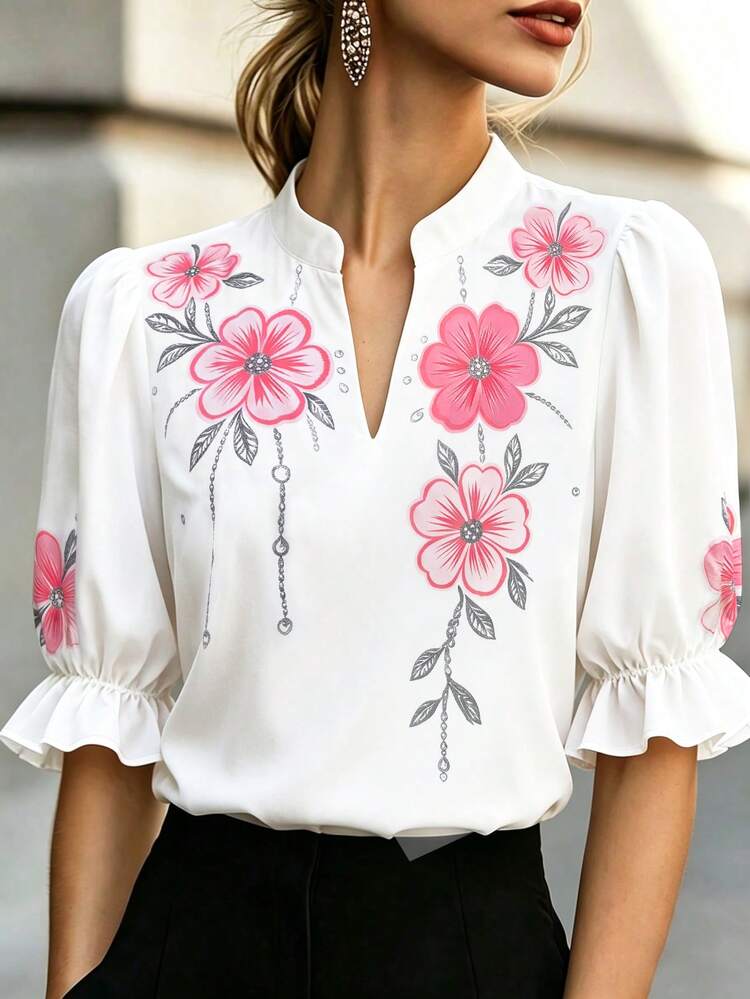 Balvessa Women's V-Neck Floral Embroidered Pattern Casual Versatile Daily Wear Blouse - White - View 3