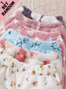 SHEIN Conjunto de 1 pieza de ropa de estar en casa con estampado elegante de nubes y flores, cuello acanalado, manga larga y pantalones de felpa, estilo pesado, acogedor, suave y lindo para otoño/invierno - Multicolor - Ver 5