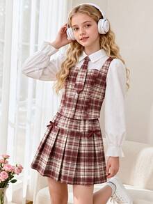 Casuvi Kids 女童襯衫領拼接格紋學院風前開扣泡泡長袖上衣搭配鬆緊腰百褶裙，適合春秋季上學、通勤、旅行、散步、購物，可搭配大衣、夾克 - 彩色 - 查看 3