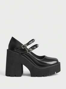 Sugerpunk Sepatu Wanita Modis Hak Miring Platform, Gaya Punk Gothic Gesper Gelap dengan Inlay Paku Keling, Cocok untuk Pesta Klub Malam, Seksi, Liburan, dan Perjalanan Sehari-hari. - Hitam - View 1