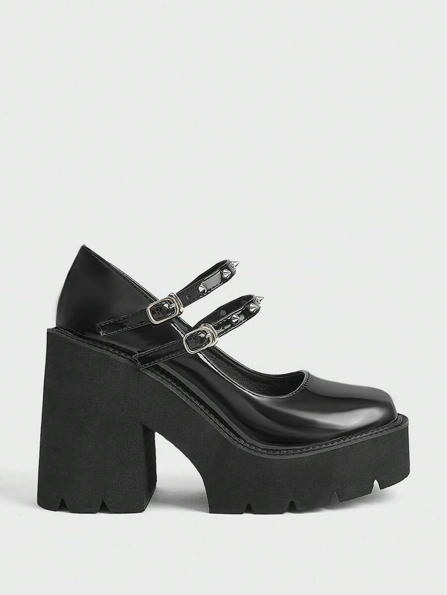 Sugerpunk Sepatu Wanita Modis Hak Miring Platform, Gaya Punk Gothic Gesper Gelap dengan Inlay Paku Keling, Cocok untuk Pesta Klub Malam, Seksi, Liburan, dan Perjalanan Sehari-hari. - Hitam - View 1