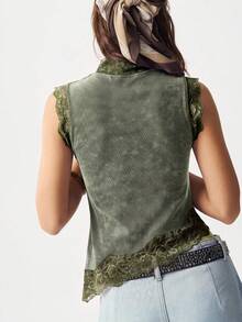 Bohemela Tank Top Rajut Kasual dengan Detail Renda Kontras untuk Wanita - Hijau Tentara - View 4