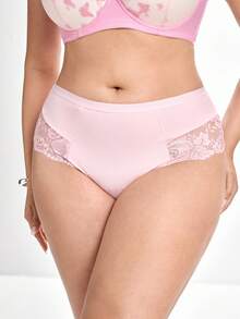 Slumbrini 1pc Plus Size Women's Lace Patchwork Underwear - Pink - View 8