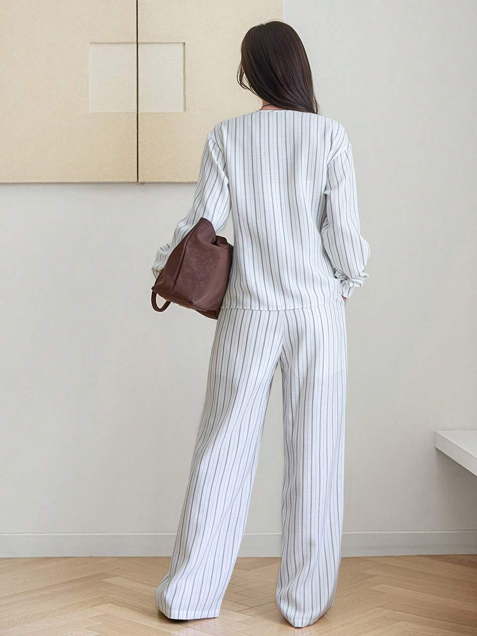 Women's Casual Commute Striped Wrap Shirt & Pants 2 Pieces Set Fall