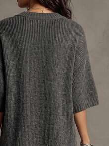 LUMIGAL Women's V-Neck Dropped Shoulder Short Sleeve Loose Asymmetric Slit Hem Mid-Length Sweater - Dark Grey - View 5