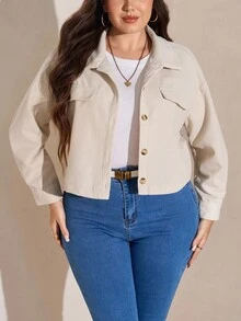 SHEIN LUNE Plus Size Fall Clothes Women Solid Color Minimalist Business Casual Long Sleeve Jacket Jackets Winter Autumn Back-To-School Office - Beige - View 4