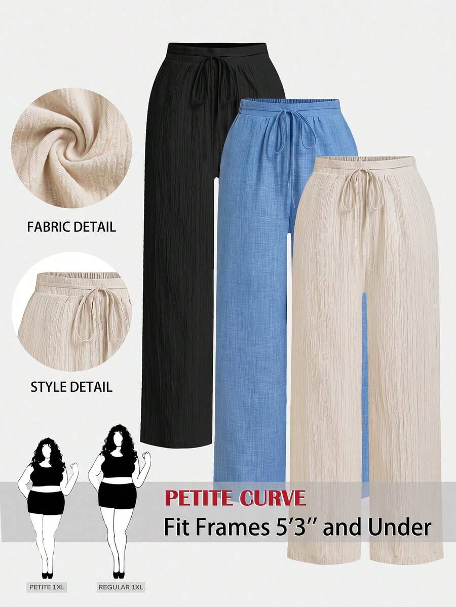 SHEIN PETITE CURVE 大尺碼女款純色腰部綁帶寬腿長褲 - 彩色 - 查看 1