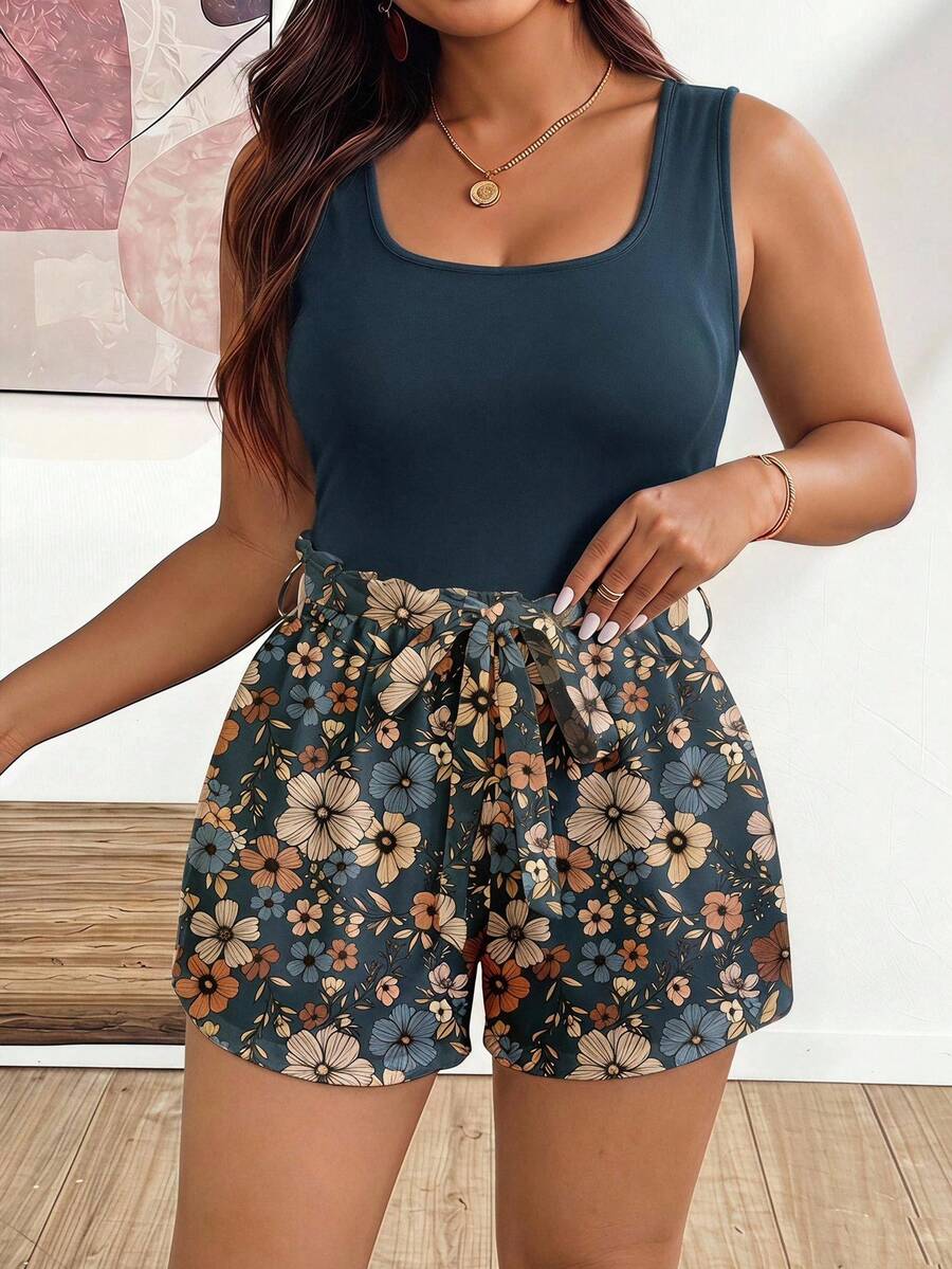 SHEIN Frenchy 休閒極簡度假風波希米亞優雅浪漫復古碎花大尺碼兩件套 - 彩色 - 查看 1