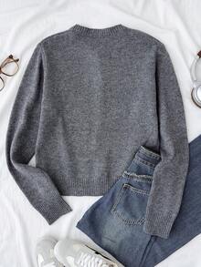 SHEIN 青少年女孩秋冬灰色熊圖案裝飾休閒素色圓領長袖寬鬆短版針織開襟衫毛衣 - 灰色 - 查看 2